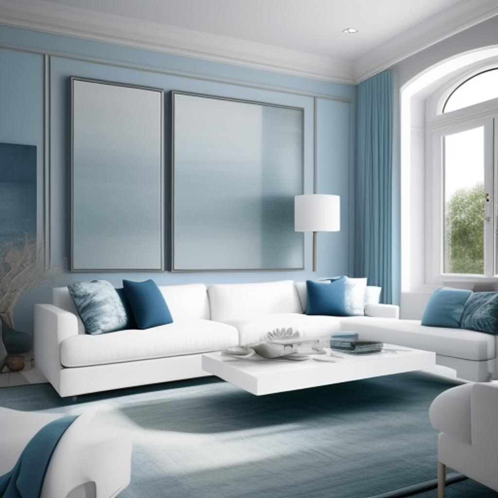 "Step into a coastal retreat where the sandy shores meet the sky blue sea. This living room is adorned with white and sky blue furniture, evoking the tranquility of a beachfront escape. Nautical accents and seashell decor complete the coastal ambiance."