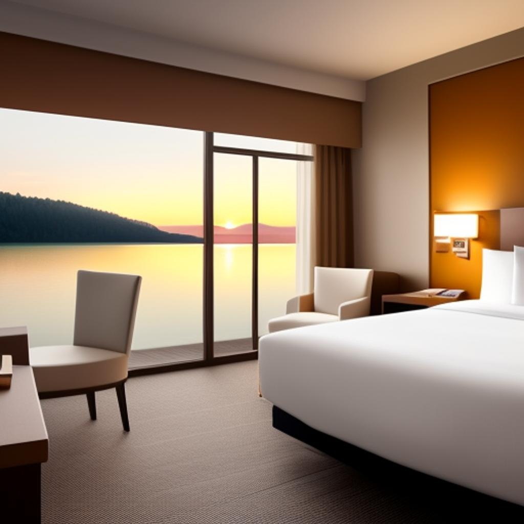 "Sunrise over the Lake Resort Hotel, where the predominantly white color palette enhances the tranquil ambiance."