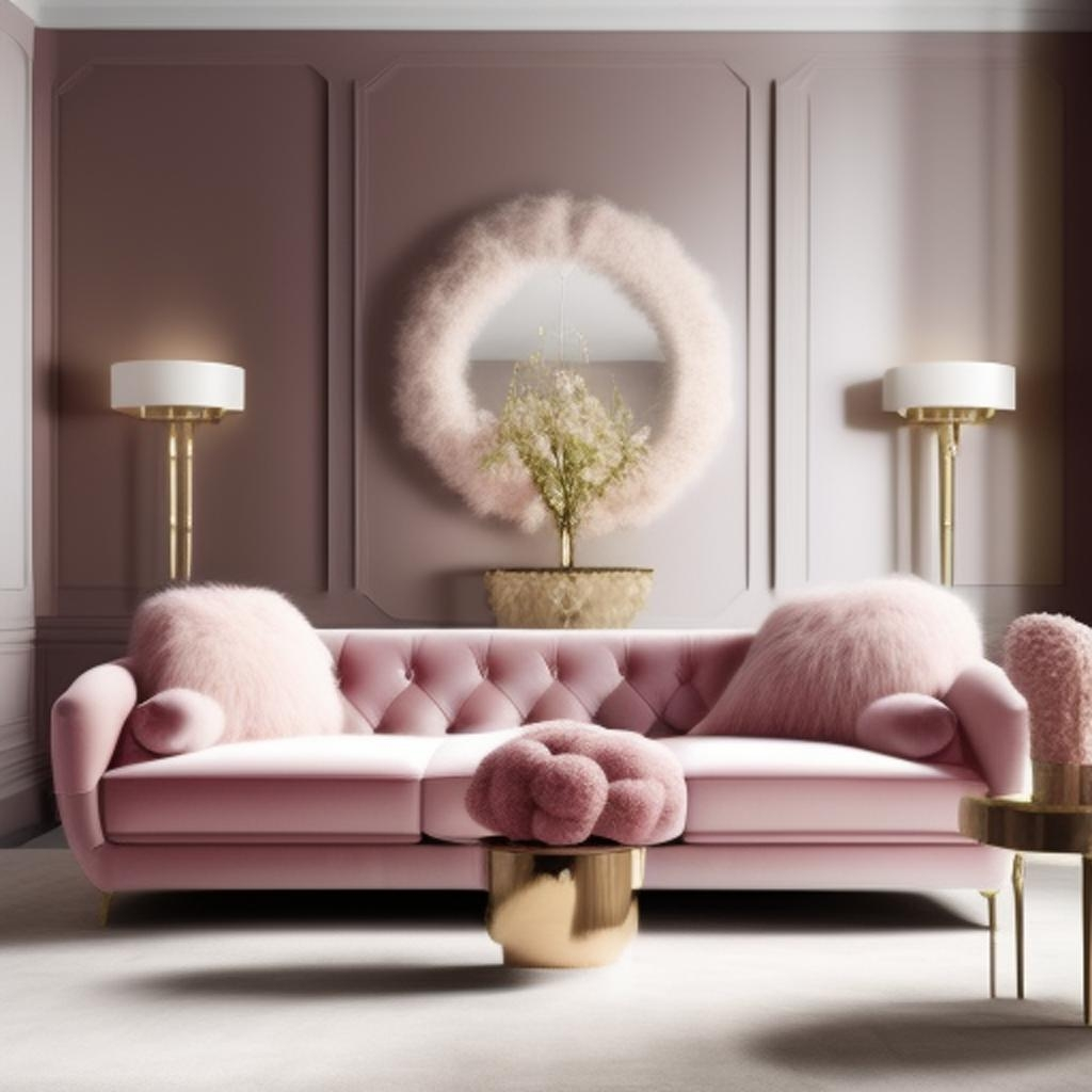 Captivating living room adorned in Fluffy Muffy Chic style with luxurious seating and exquisite wall decor