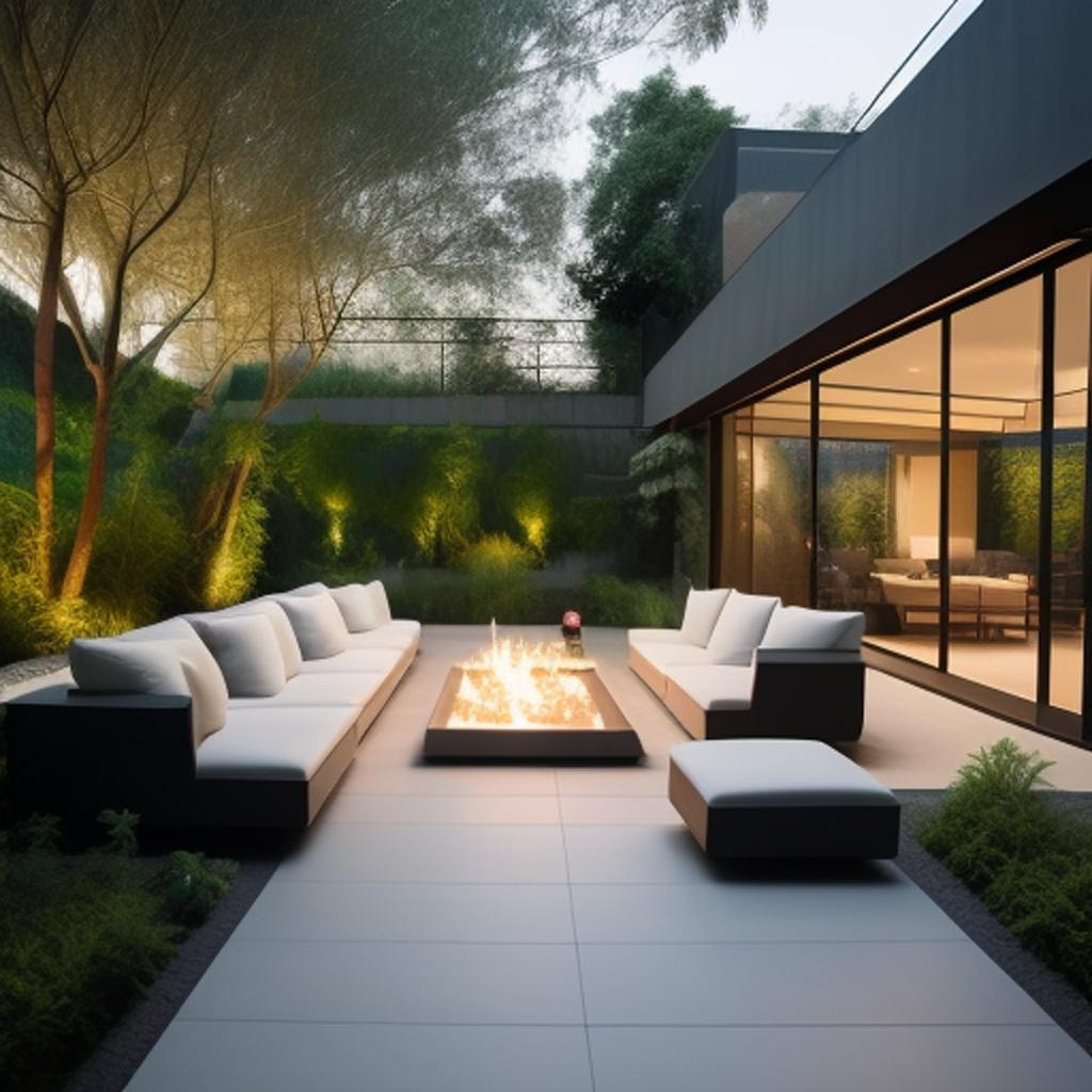 Witness the beauty of nature's integration into modern living with this stunning scene of a living room overlooking a backyard garden oasis.