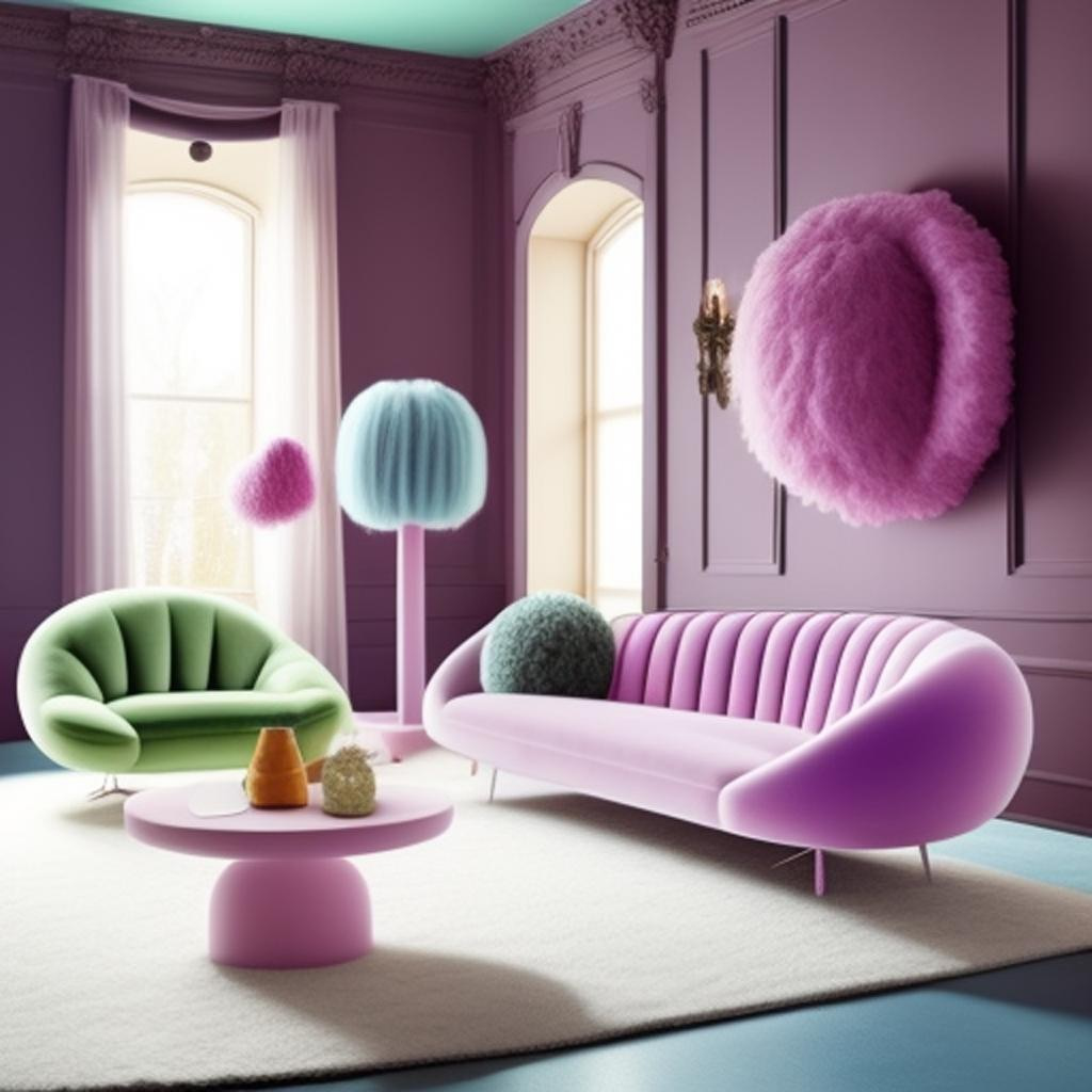 "A whimsical living room adorned in vibrant colors, with a fluffy sofa as the throne of comfort and joy."