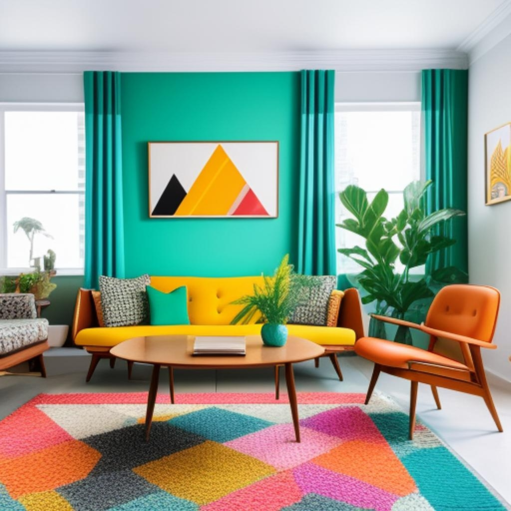 Mid-century modern drawing room with vibrant patterns and colors.
