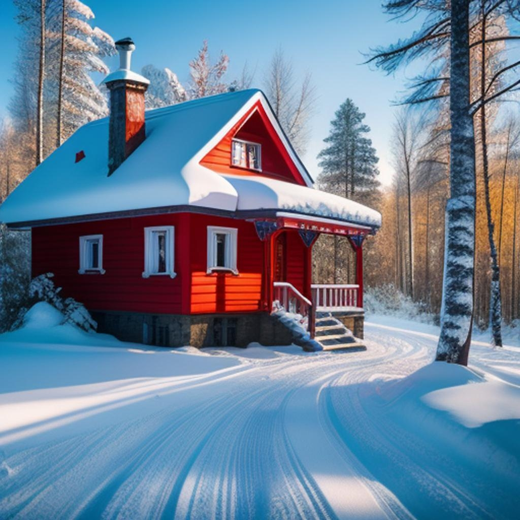Experience the elegance of winter with a strikingly colorful house surrounded by the quiet beauty of snow-draped trees."