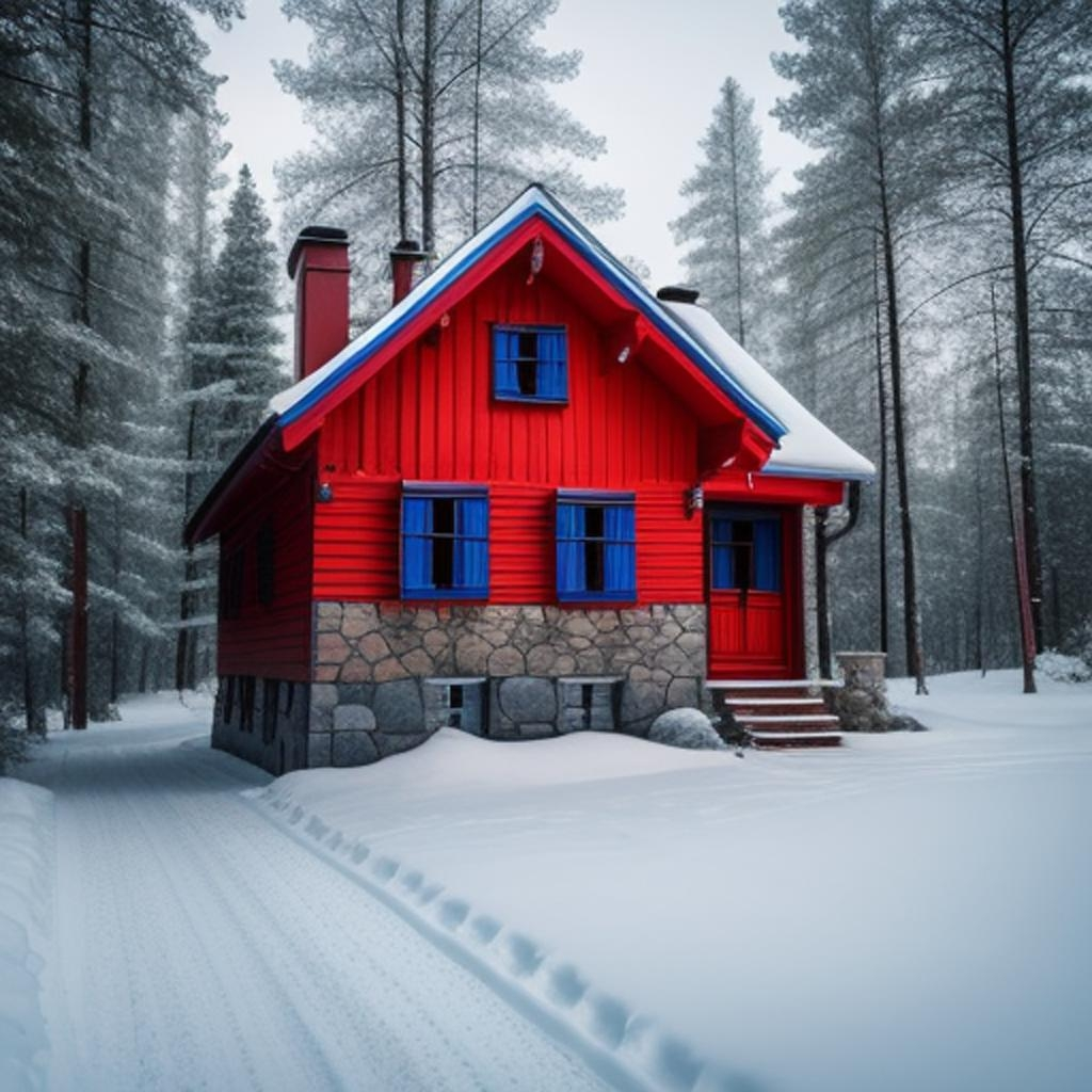 Experience the elegance of winter with a strikingly colorful house surrounded by the quiet beauty of snow-draped trees."