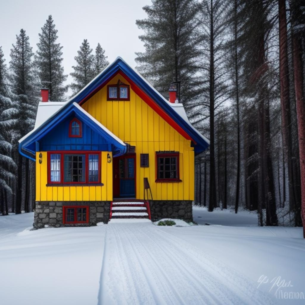 A harmonious blend of colors in a snow-covered setting, showcasing a charming house in traditional Russian architecture."