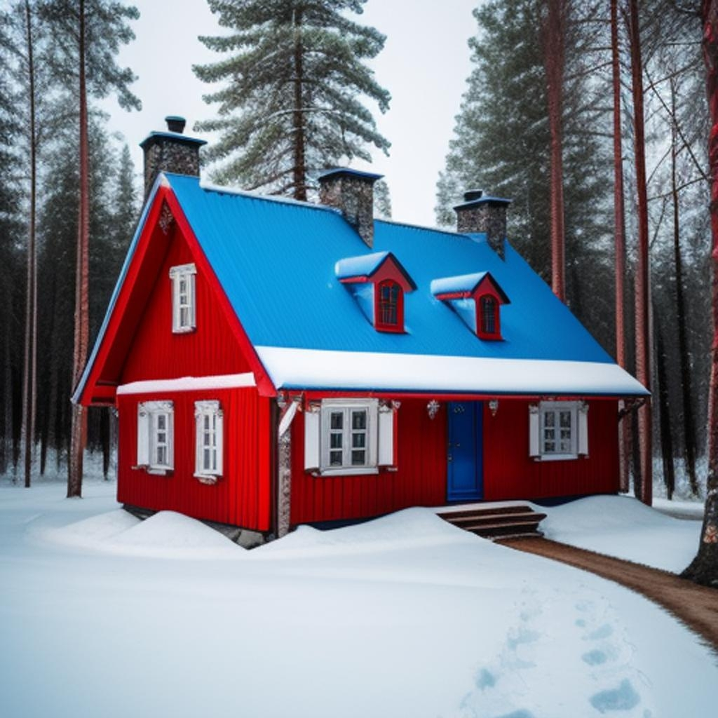 Immerse yourself in the tranquility of nature with a colorful house standing out against the snowy backdrop."