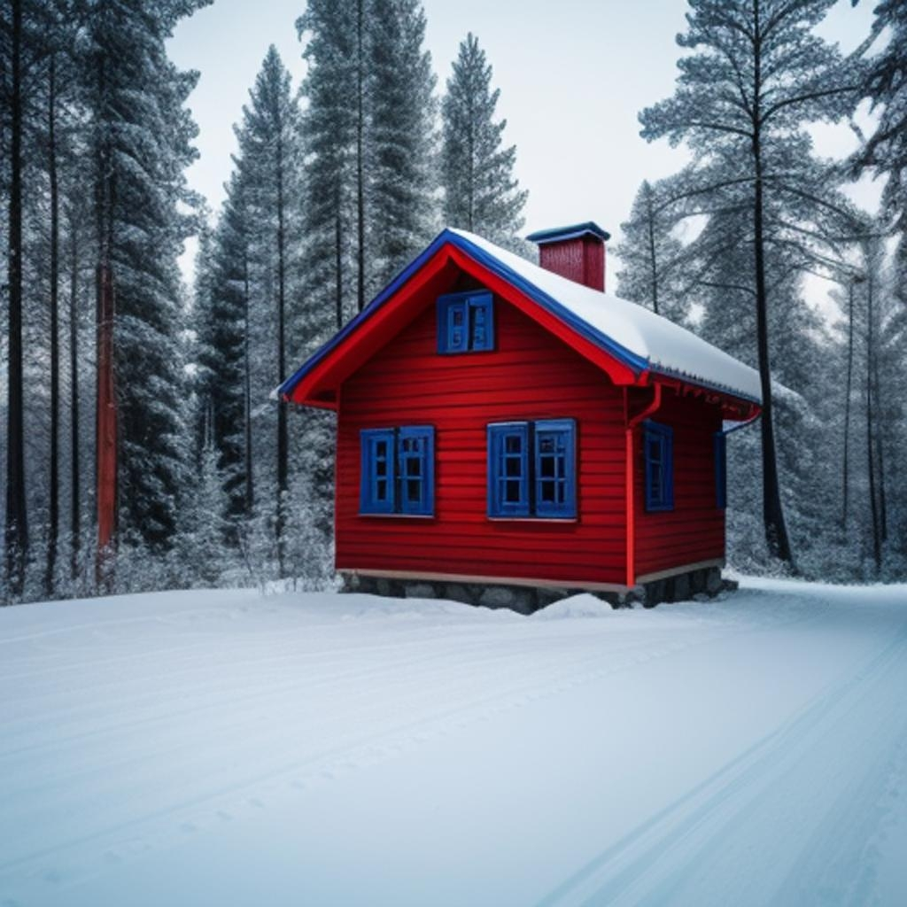 Immerse yourself in the tranquility of nature with a colorful house standing out against the snowy backdrop."