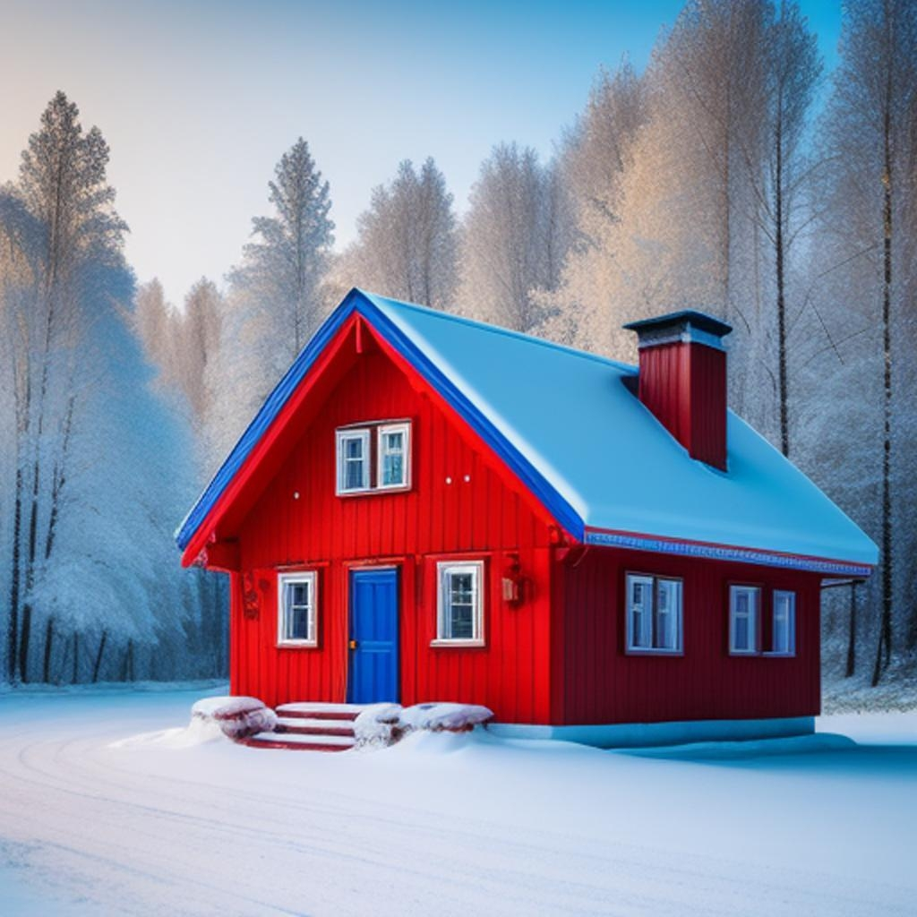 "A stunning snowy scene featuring a beautifully crafted red, blue, white, and yellow house in the heart of the forest."