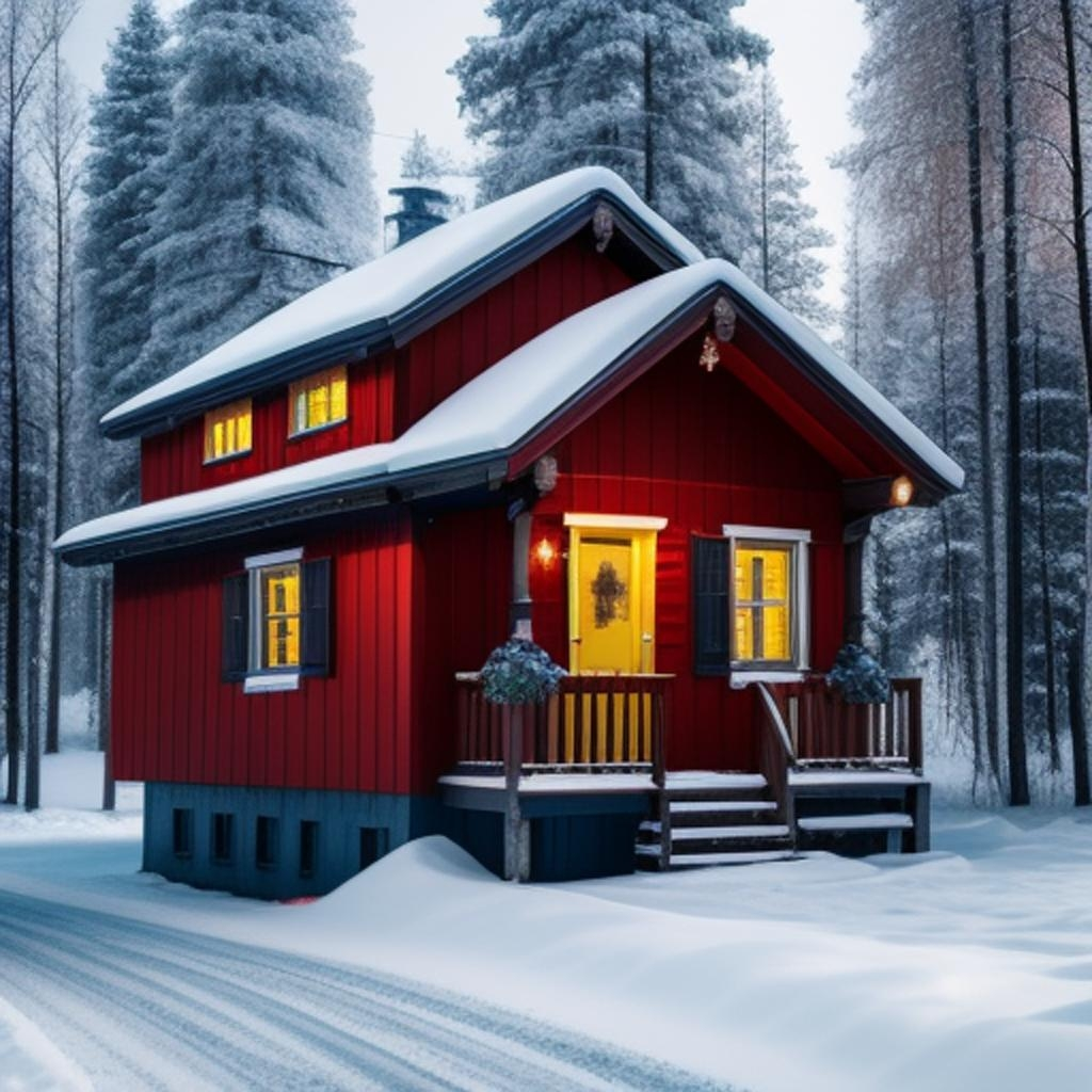 Enchanting winter landscape with a vibrantly colored Russian-style house surrounded by snow-covered trees.
