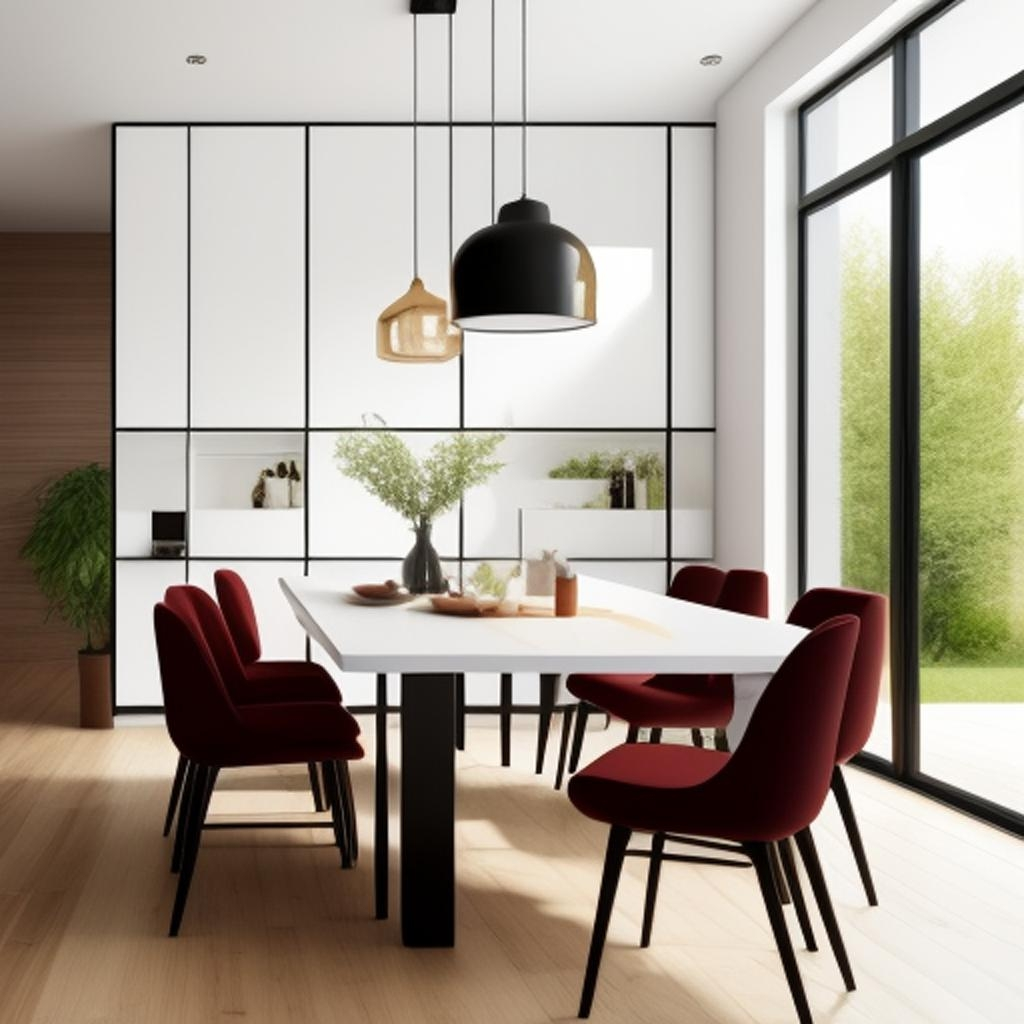 Architectural marvel in a mid-century modern dining room with a dark wood rectangular table, teal blue upholstered chairs, and a pendant lamp casting an ambient glow."