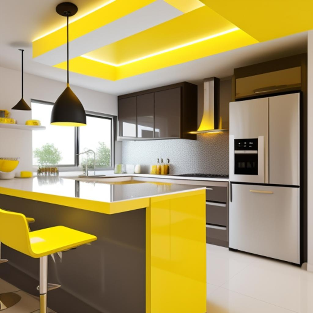 "A serene kitchen bathed in natural light, featuring minimalist design elements and subtle yellow accents."