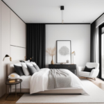 A serene master bedroom with minimalist decor featuring a king-size bed, light-colored wooden dresser, and white armchair."