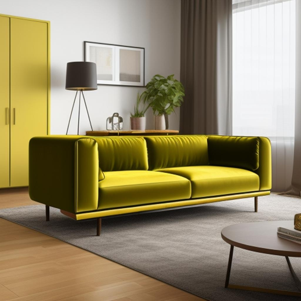 "A luxurious urban apartment with chartreuse velvet loveseat and leather couches, accented by wood furniture and goldenrod accents."