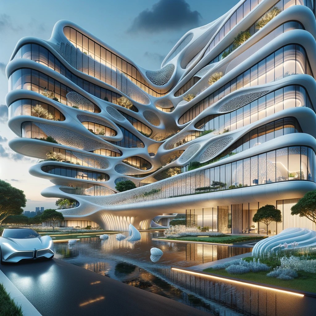 Futuristic residential buildings with organic, fluid designs featuring lush greenery and modern electric cars, illustrating innovative sustainable architecture at dusk.