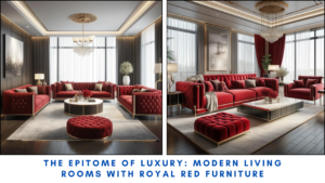 Luxurious modern living room with royal red furniture, featuring velvet sofas and gold accents.