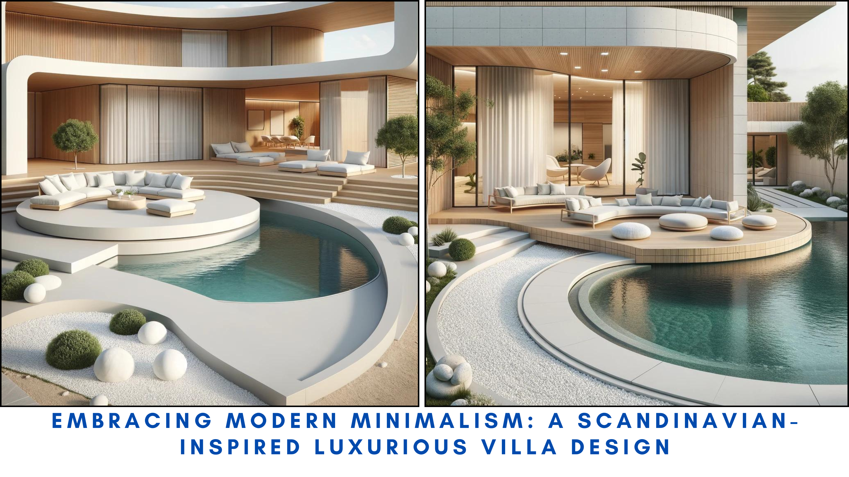Scandinavian minimalist villa with circular lounge area by a pool.