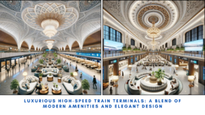 Luxurious high-speed train terminal with intricate ceiling design, elegant seating arrangements, and modern amenities featuring grand chandeliers and detailed architectural elements