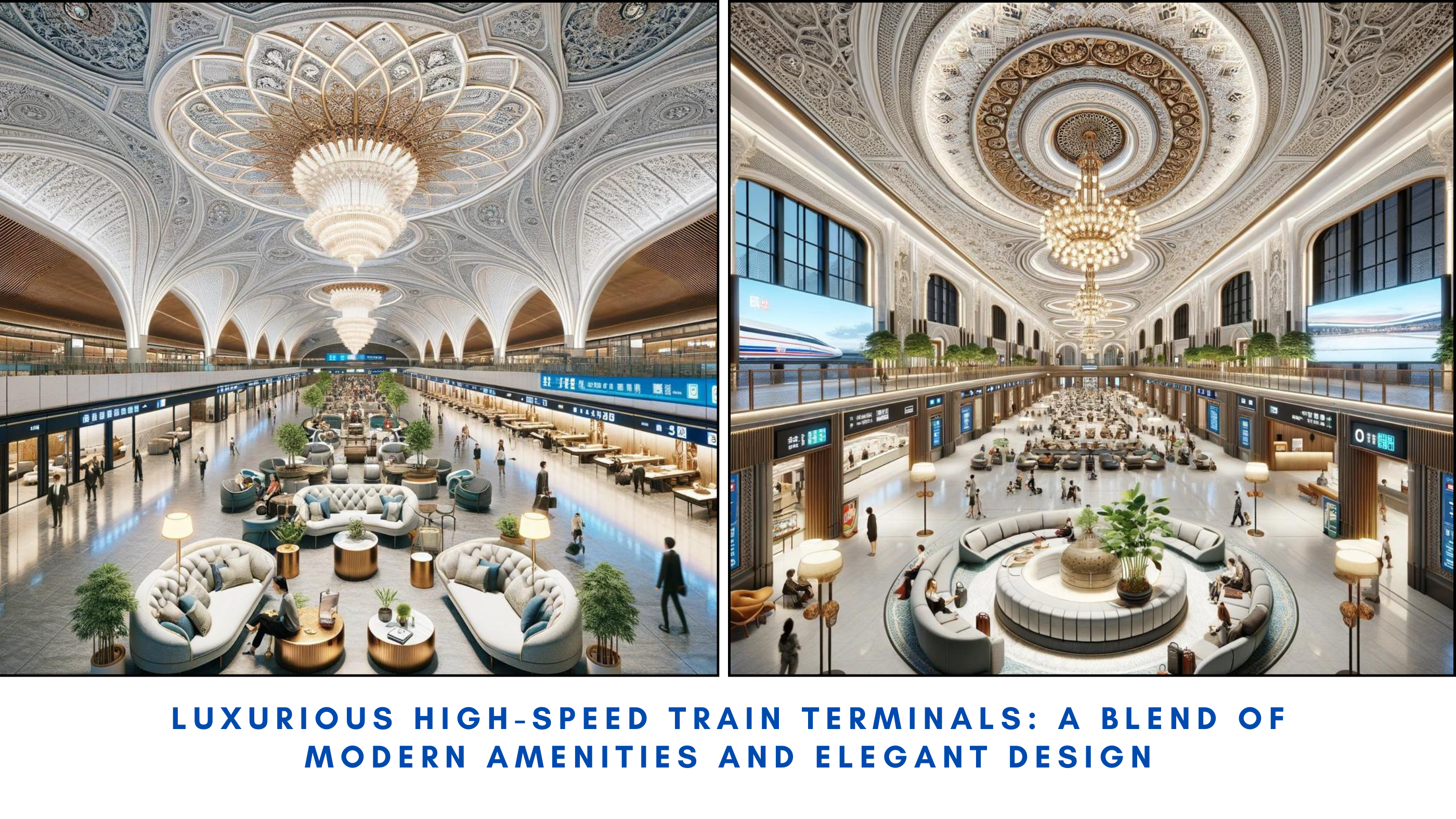 Luxurious high-speed train terminal with intricate ceiling design, elegant seating arrangements, and modern amenities featuring grand chandeliers and detailed architectural elements