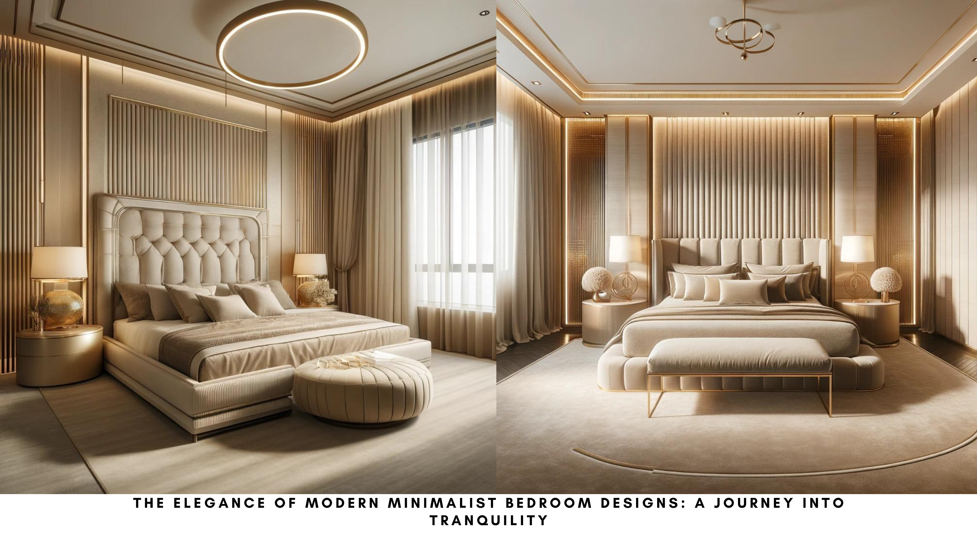 Luxurious modern minimalist bedroom with clean lines, neutral tones, and soft textures, featuring large windows and elegant lighting fixtures.