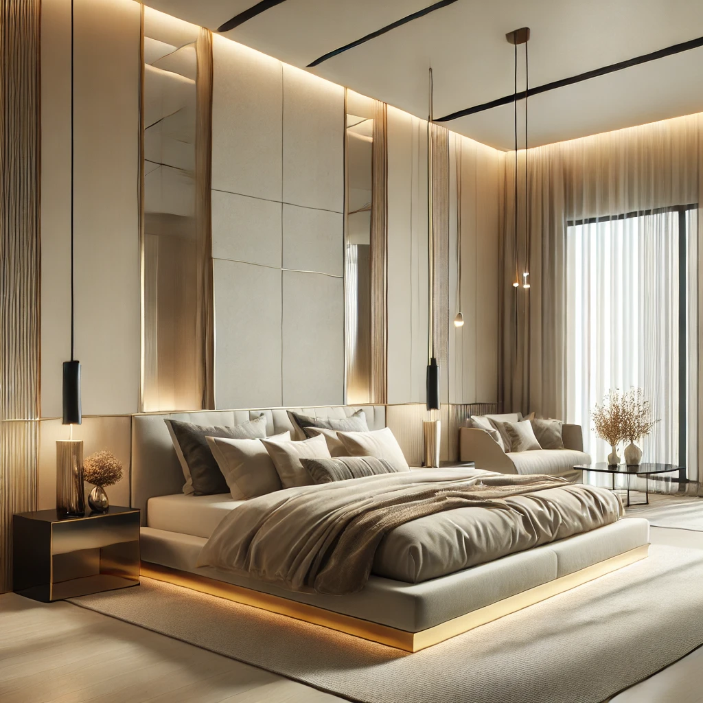 A sleek and elegant minimalist bedroom with warm lighting, neutral tones, and luxurious textures, creating a peaceful retreat.