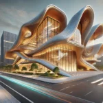 A futuristic building with an organic, flowing structure and large glass windows, set on a street during twilight.