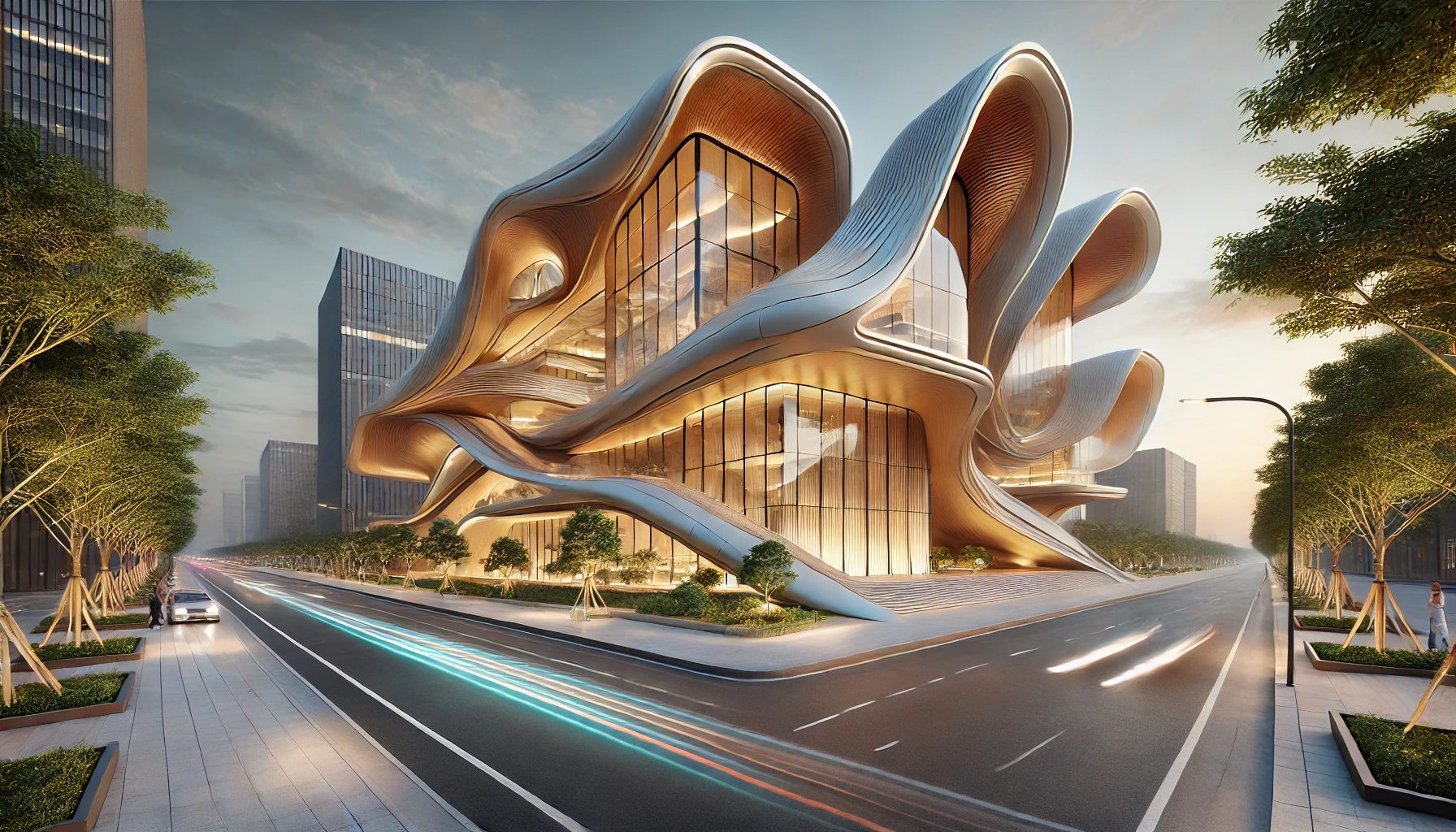 A futuristic building with an organic, flowing structure and large glass windows, set on a street during twilight.