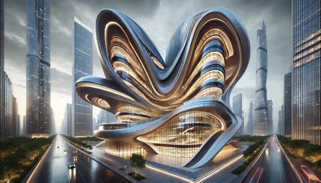 A futuristic building with an organic, flowing structure and large glass windows, set against a modern cityscape.