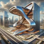 A futuristic building with a sleek, organic exterior and fluid, curving forms set against a modern cityscape.