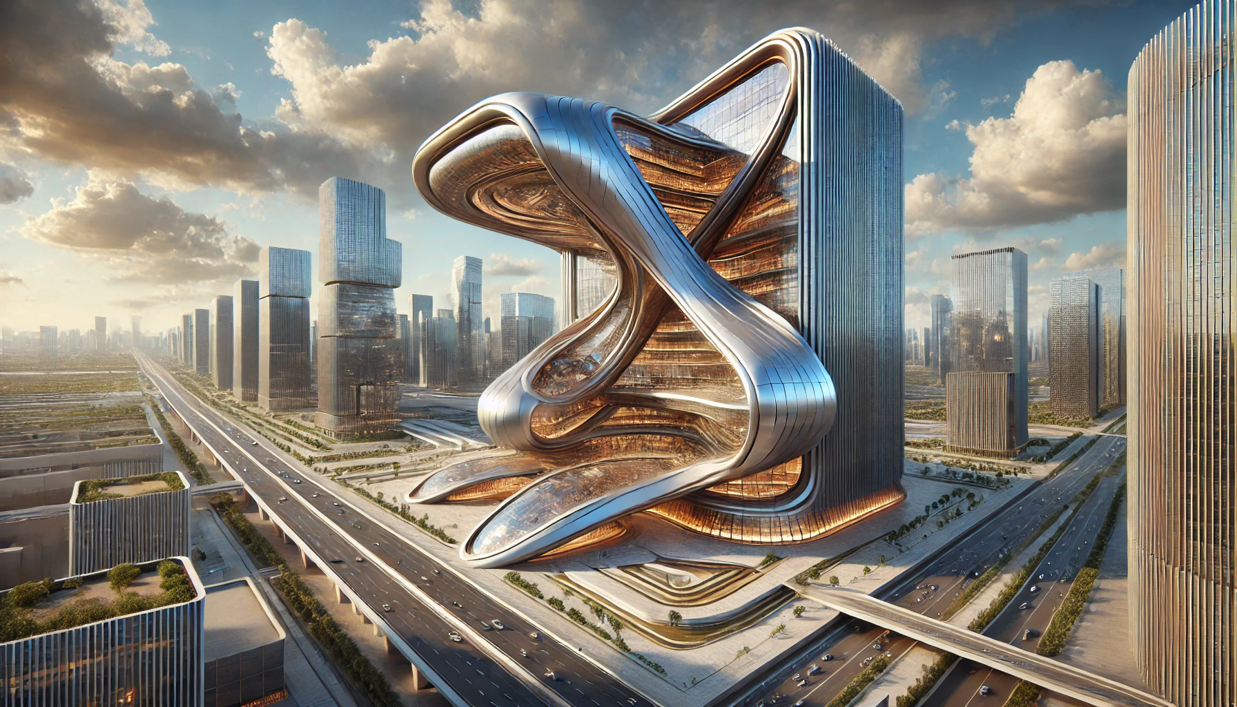 A futuristic building with a sleek, organic exterior and fluid, curving forms set against a modern cityscape.