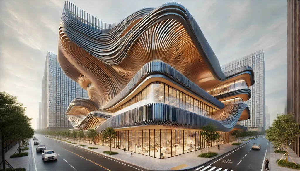 A futuristic building with an organic, flowing structure and layered wooden slats, set on a street during the day.