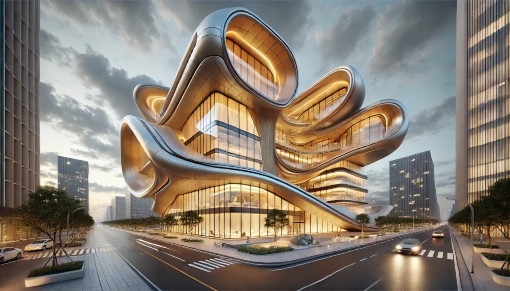 A futuristic building with an organic, flowing structure and large glass windows, set on a street during twilight.