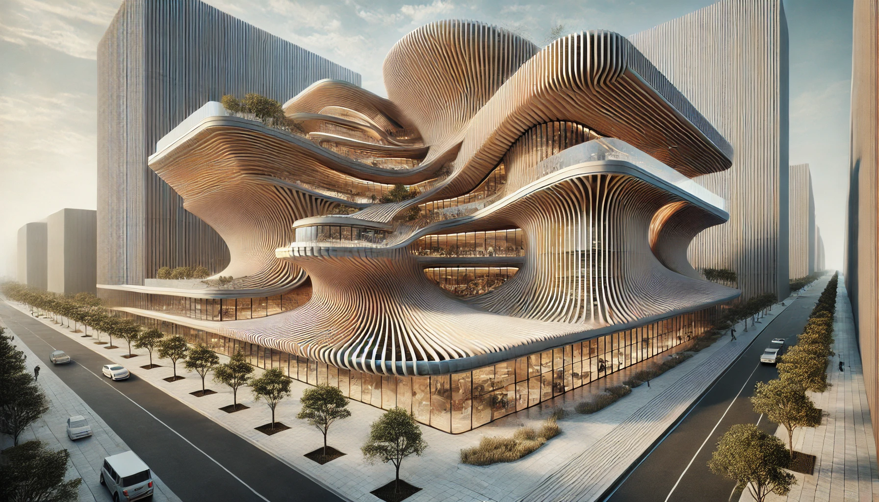 A futuristic building with an organic, flowing structure and layered wooden slats, set on a street during the day.