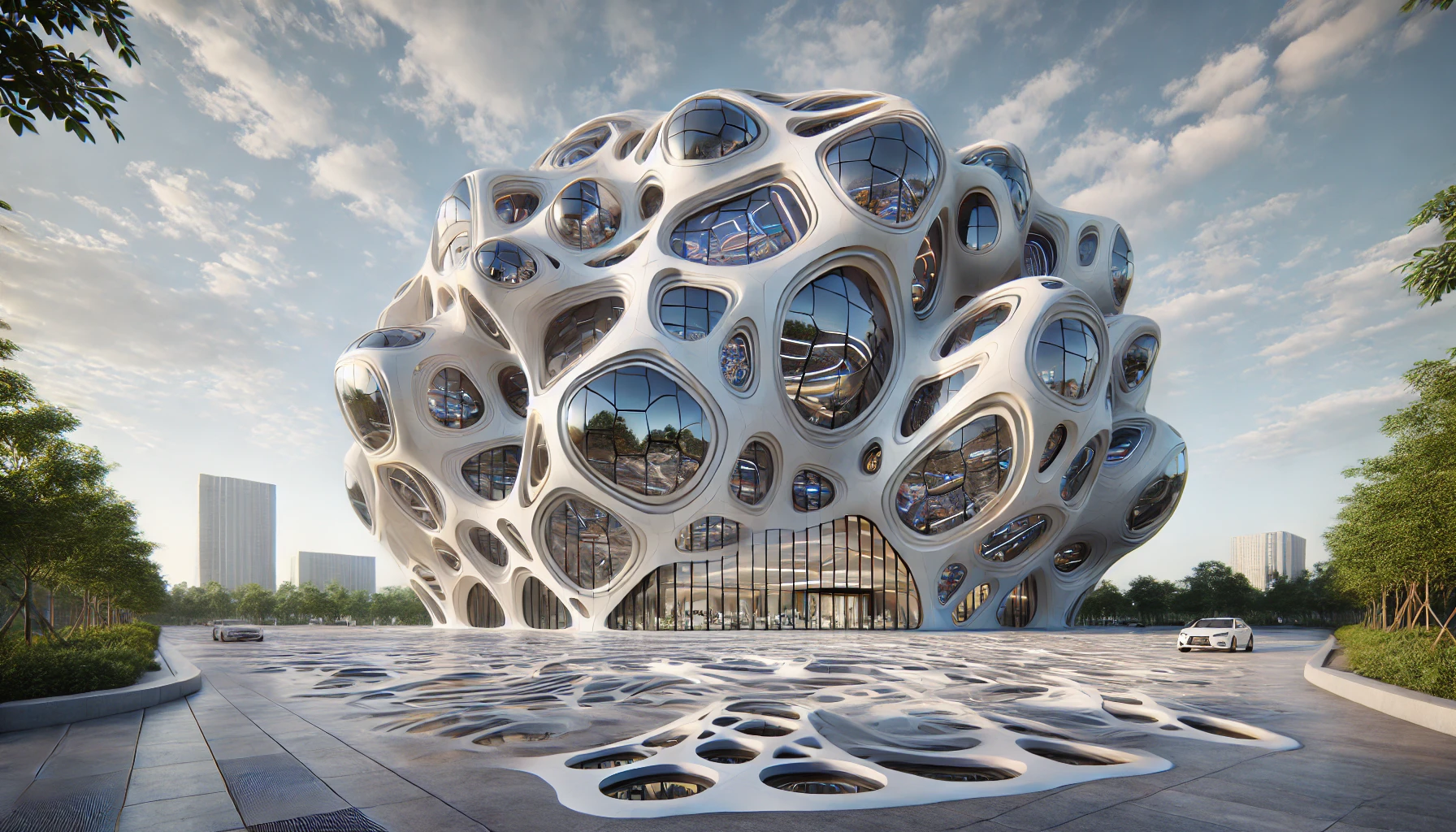 A futuristic building with an organic, spherical structure and irregularly shaped openings, set in a landscaped area.