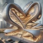 A futuristic building with an organic, flowing structure and large glass windows, set against a modern cityscape.