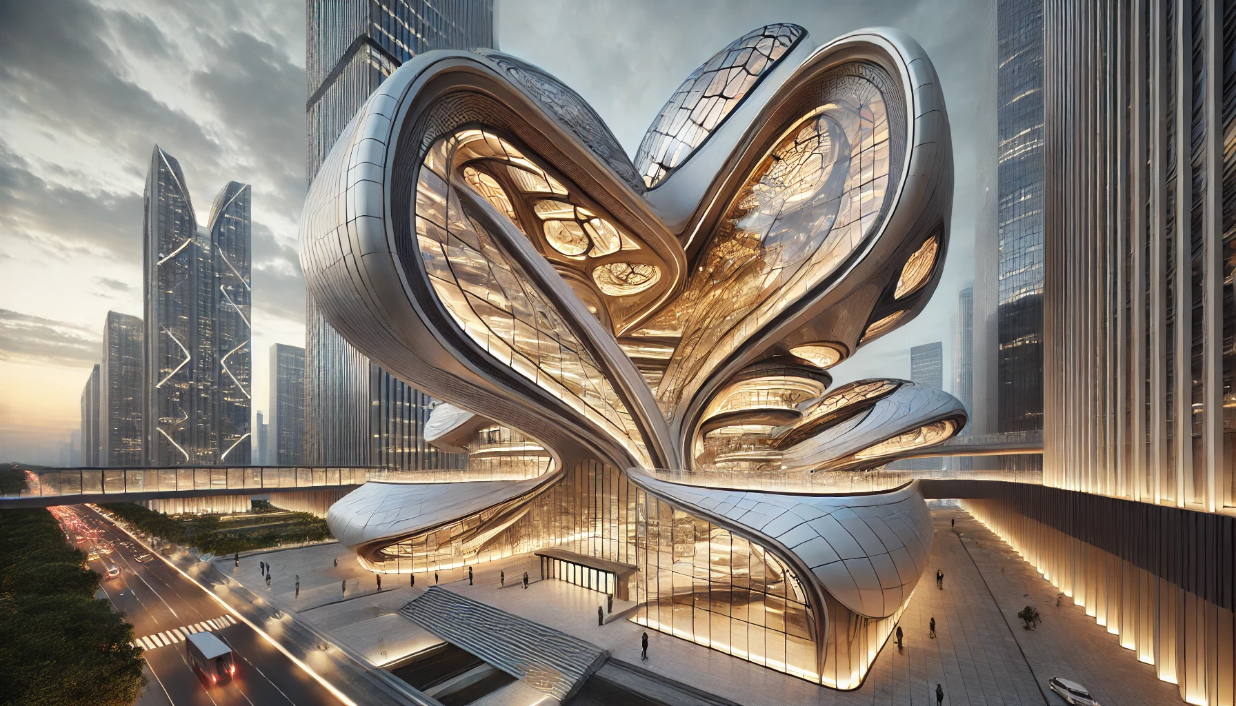 A futuristic building with an organic, flowing structure and large glass windows, set against a modern cityscape.