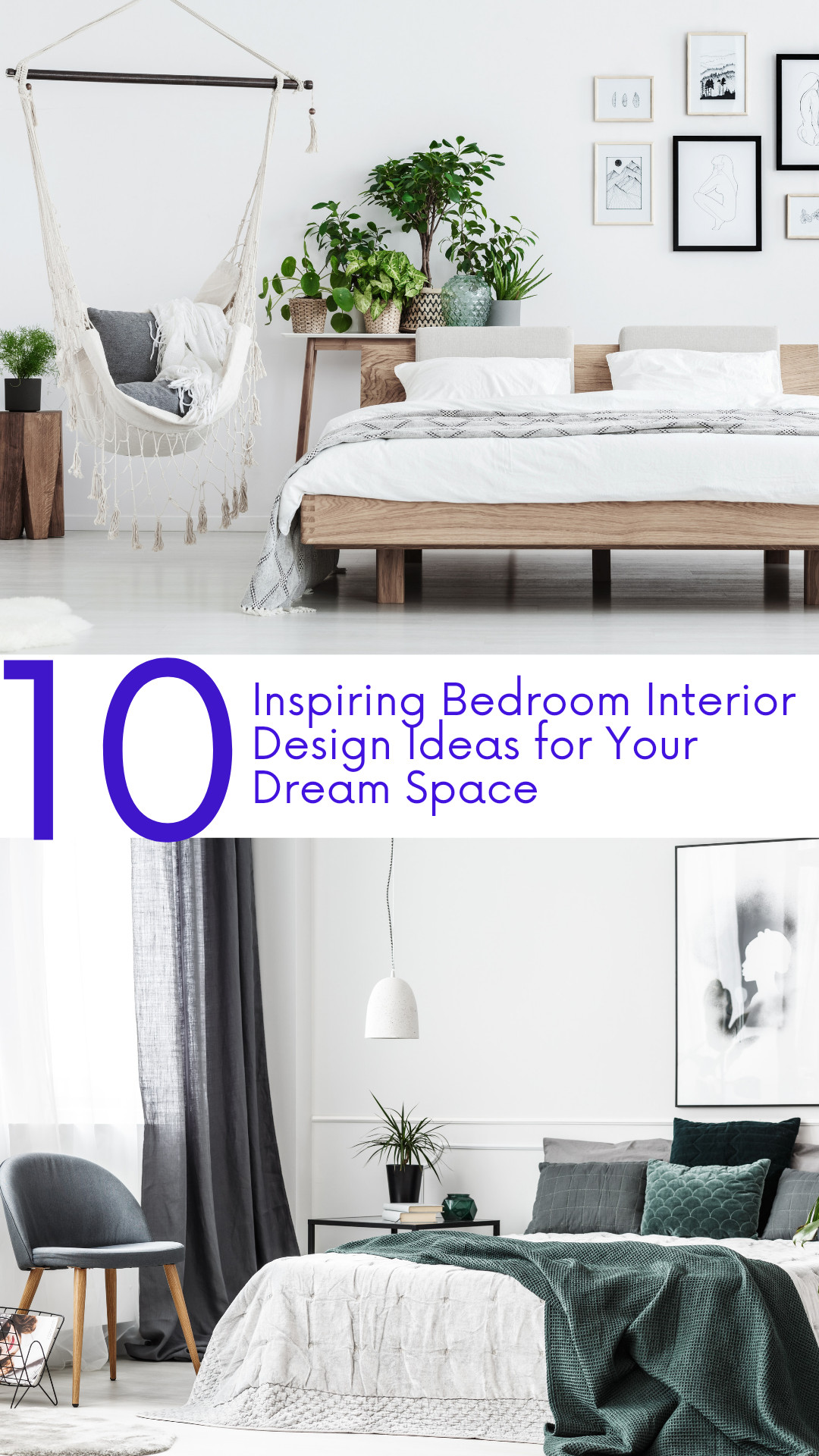 A collage of various bedroom interior design styles including modern minimalist, bohemian chic, industrial, Scandinavian, classic elegance, coastal retreat, rustic charm, glamorous, mid-century modern, and farmhouse.