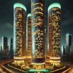 Futuristic skyscraper complex with curved architecture, neon lighting, and integrated green spaces at night.