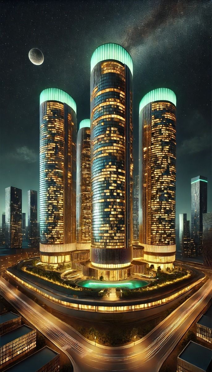 Futuristic skyscraper complex with curved architecture, neon lighting, and integrated green spaces at night.