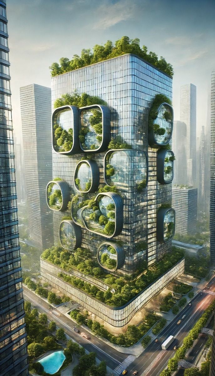 Vertical forest skyscraper with integrated greenery in rounded glass pods and a sleek modern design.