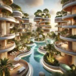 A high-resolution image of a futuristic resort featuring smooth, cylindrical buildings with wooden accents, interconnected pools, and lush greenery in a tropical environment.