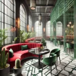 A high-resolution image of a modern restaurant interior featuring a curved red velvet sofa, black marble tables, geometric floor patterns, and large windows with intricate green metal designs.