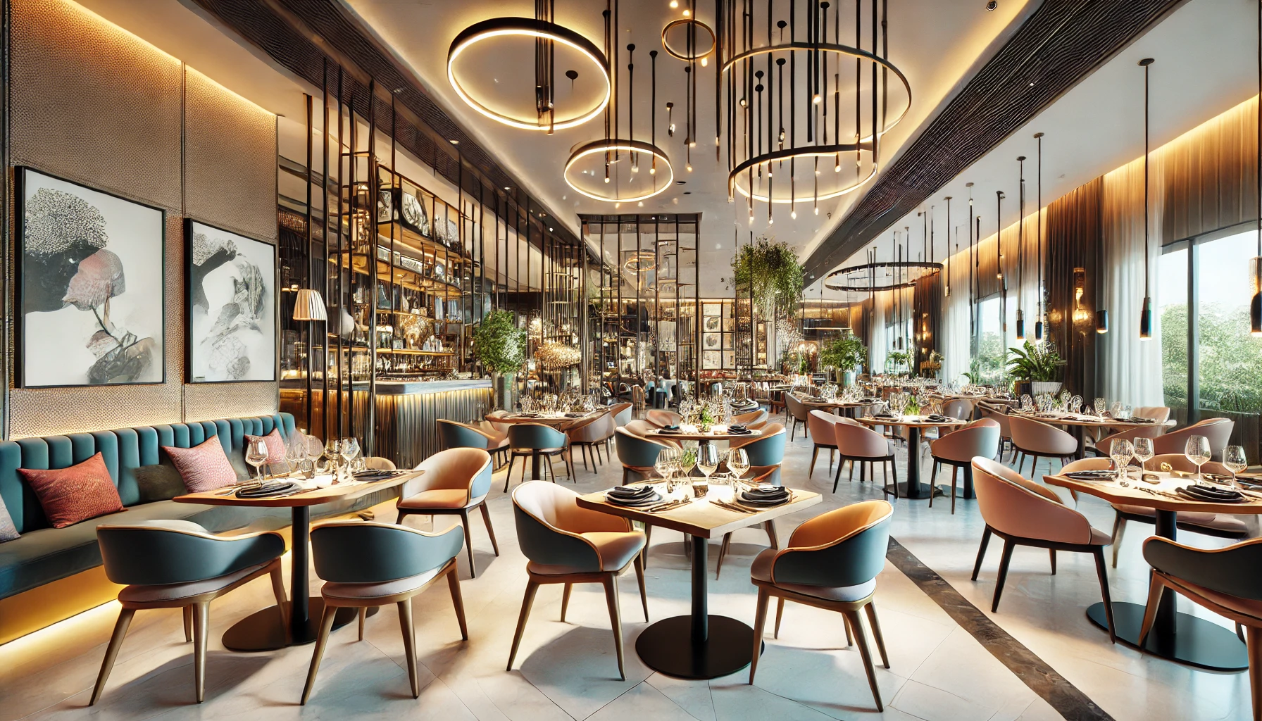 A modern restaurant interior featuring contemporary elegance, with chic dining tables and chairs, stylish lighting fixtures, and a combination of glass, metal, and wood materials.