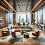 A high-resolution image of a modern, sophisticated office interior featuring large floor-to-ceiling windows with a cityscape view, contemporary furniture, and stylish decor.