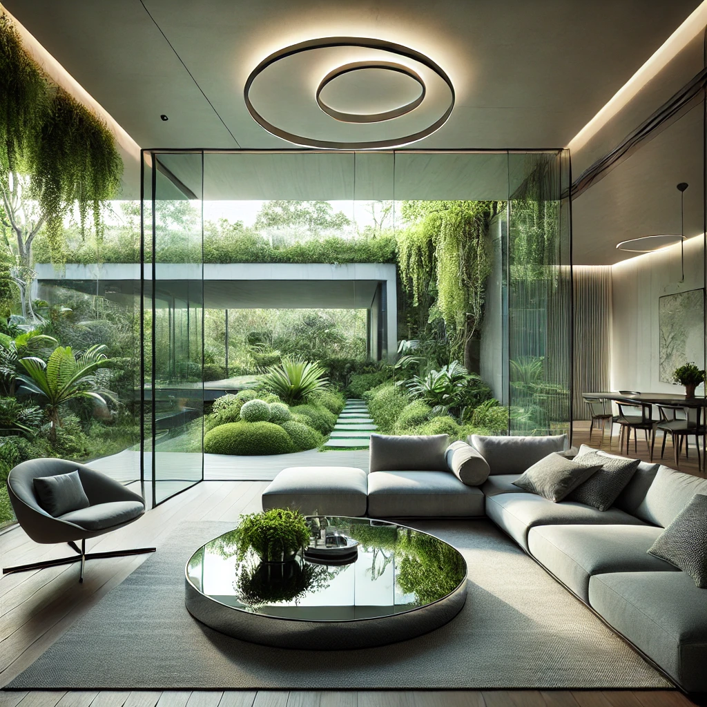 Nature-infused living space with floor-to-ceiling windows, modern furniture, and integrated outdoor elements.