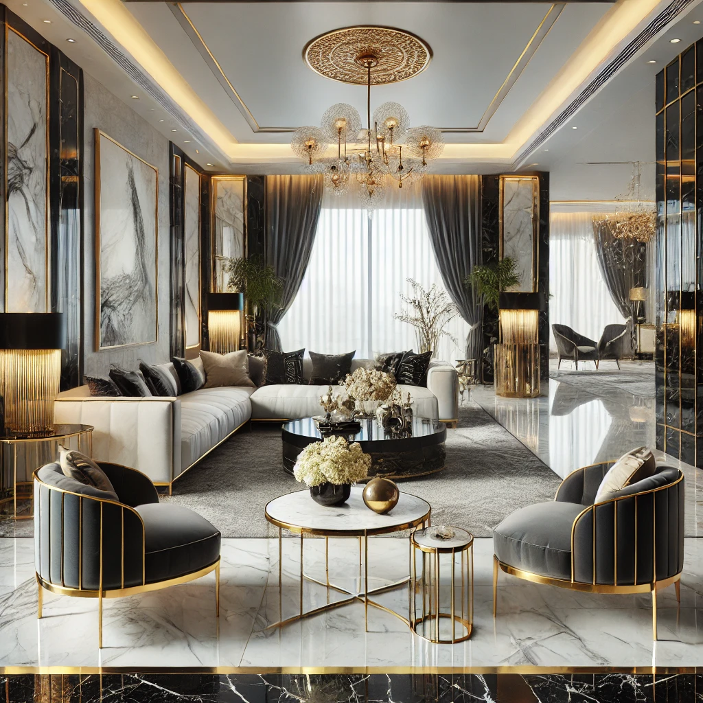 Opulent modern living room with a white and black color scheme, gold detailing, and contemporary furniture, including a large chandelier and marble wall decor.