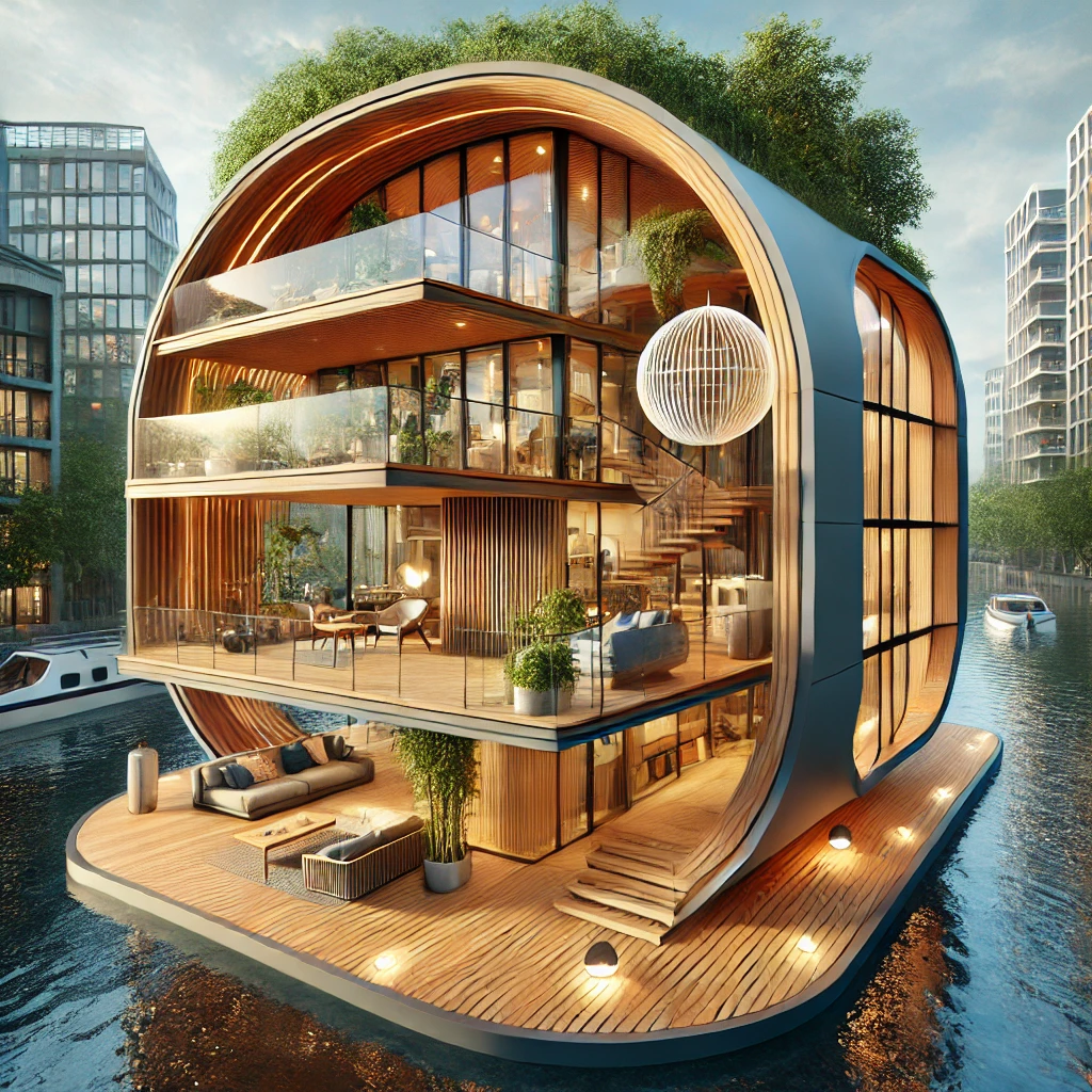 Sleek, curved floating house with large panoramic windows and vibrant interior, blending indoor and outdoor spaces on water, surrounded by urban greenery.