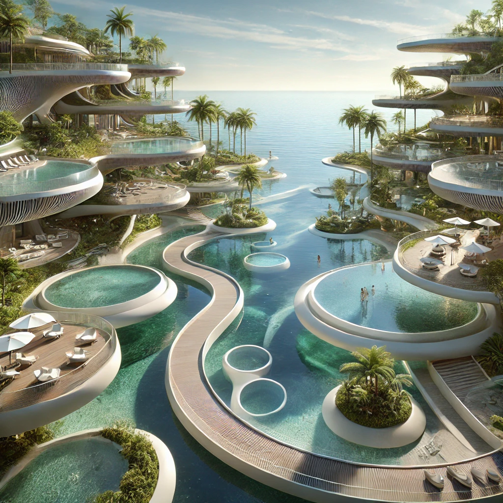 Luxurious tropical resort with interconnected water bodies, winding pathways, and elevated walkways, surrounded by lush greenery and organic-shaped seating areas.