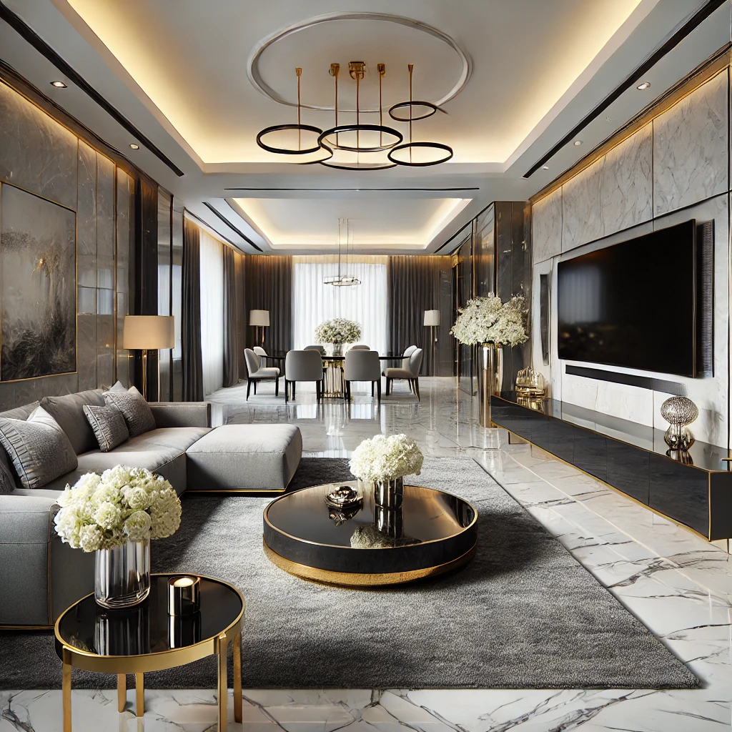 Modern luxury living room with marble flooring and gold accents