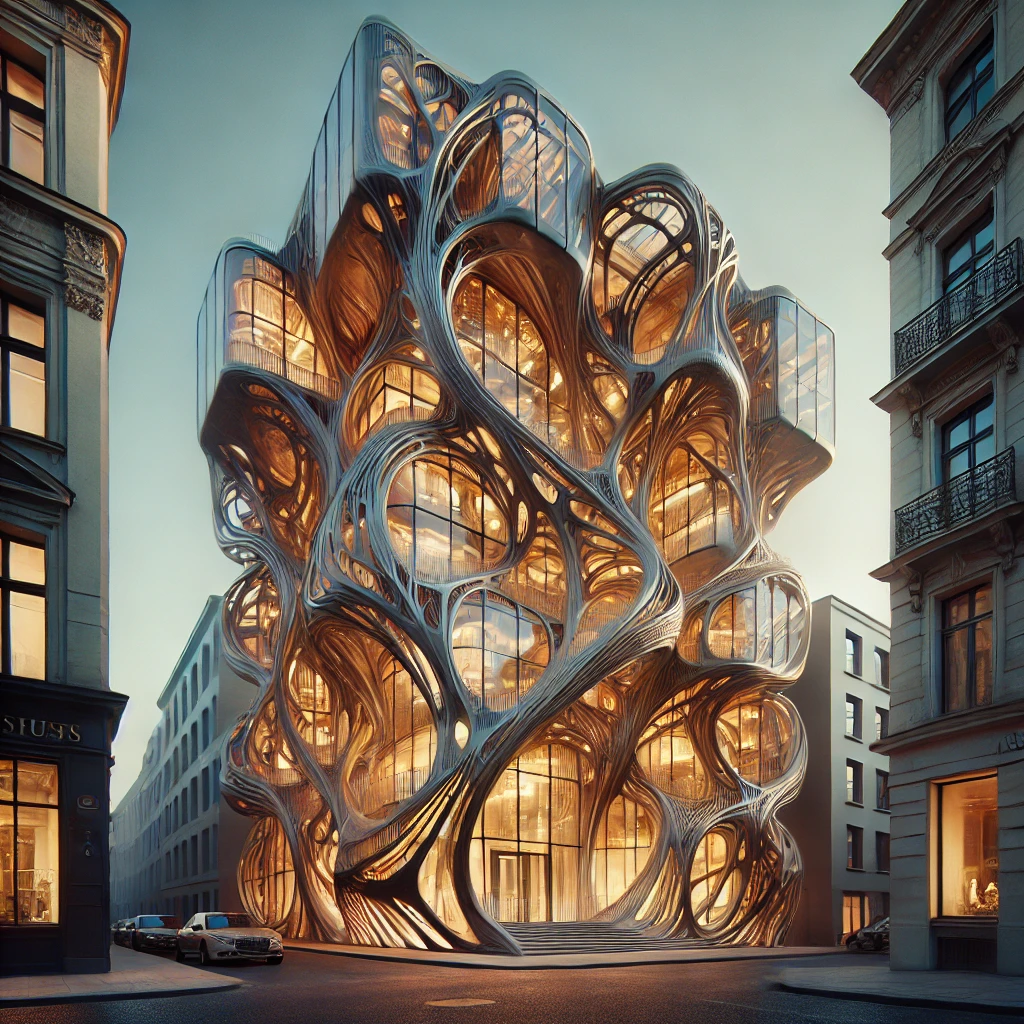 Modern organic-inspired building with fluid lines and curves in an urban setting, surrounded by historical architecture, illuminated by warm, ambient lighting.