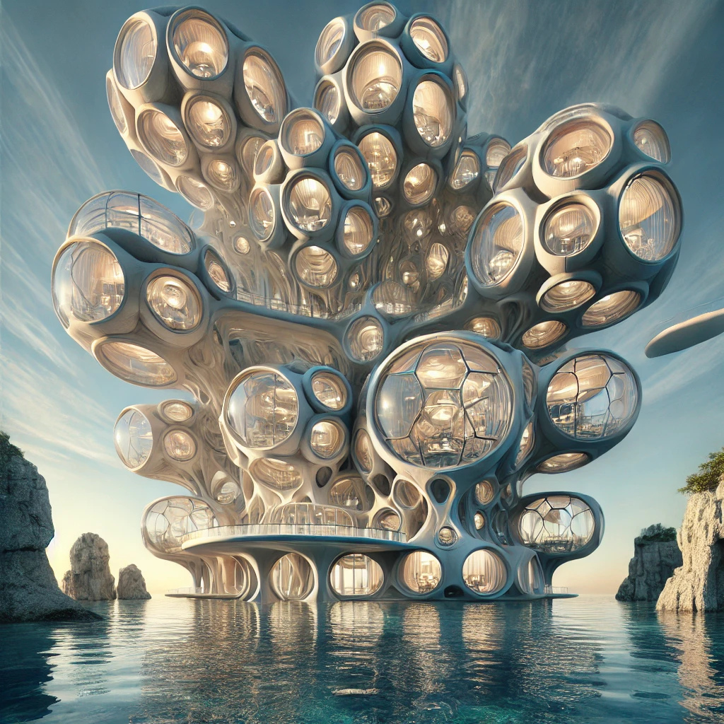 Ultra high-definition image of futuristic floating pods and organic bubble-like structures above water, set against a coastal backdrop with ambient lighting.